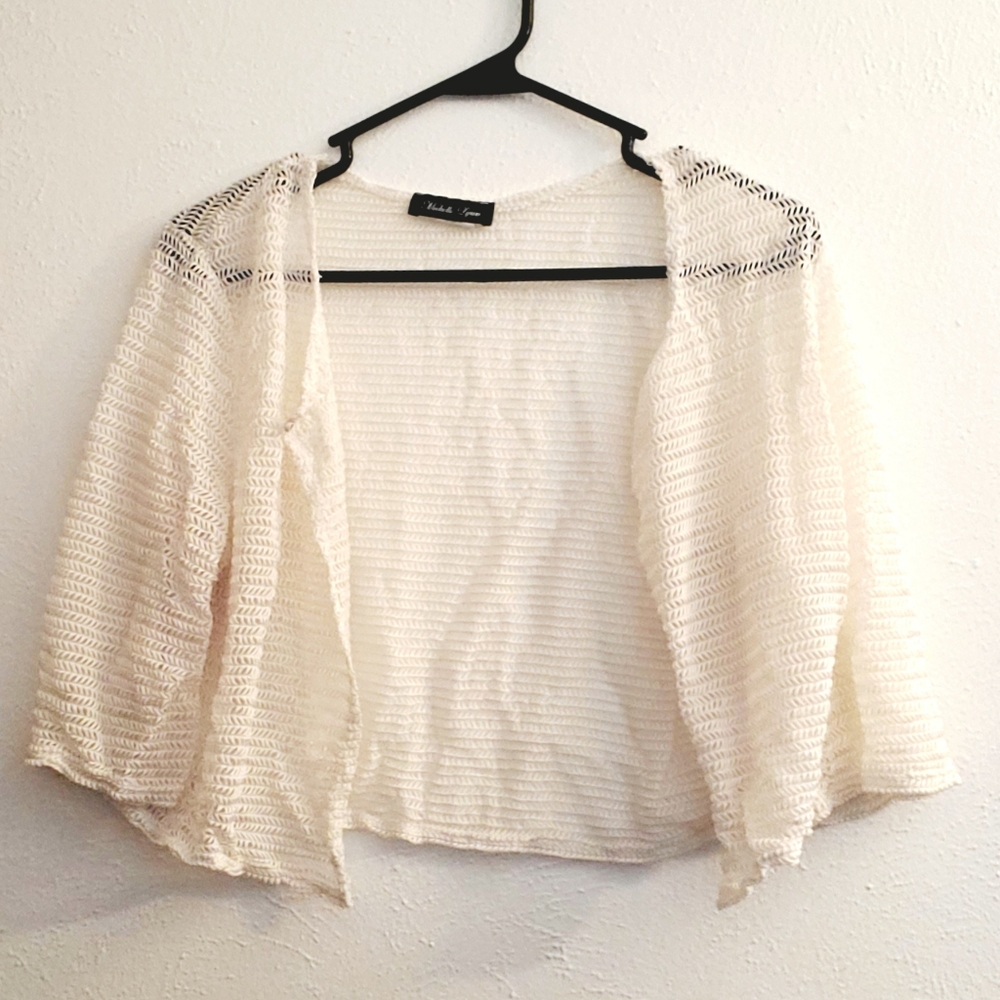 Michelle Lynn White Lacy Cropped Cardigan 1/2 Sleeve Size XL